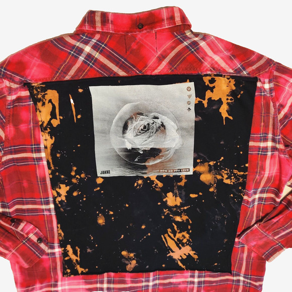 URBNVTG Mens Jakke Patch Flannel Size XL Red Upcycled OOAK 90s Grunge Acid Wash - Picture 9 of 16